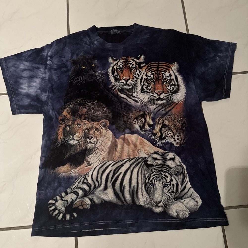 The Mountain Style Tiger Big Cat Collage Blue T Shirt L Tie Dye Vintage Y2K